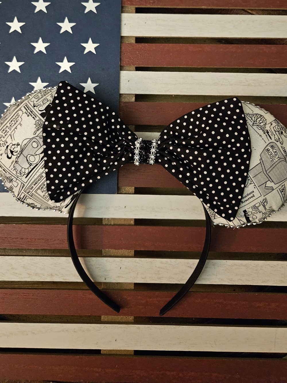 Black Polka Dot Kids Bow Headband with Comic-Print Ears